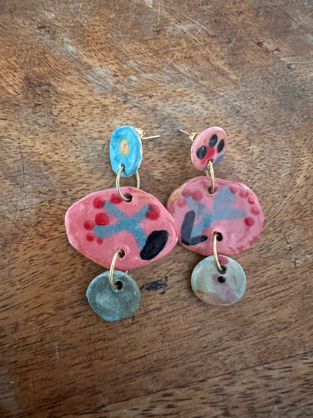 Boucles triptyques bleu vert d'eau et vieux rose